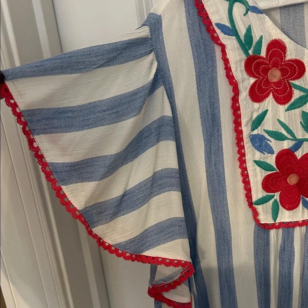 ANDREE BY UNIT Blue and White Striped Blouse with Red Floral Embroidery - Picture 3 of 8